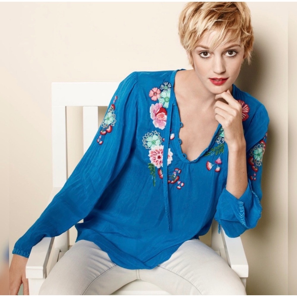 Johnny‎ Was Rain Forest Size S Tunic Blue Embroidered Long Sleeve Floral Top